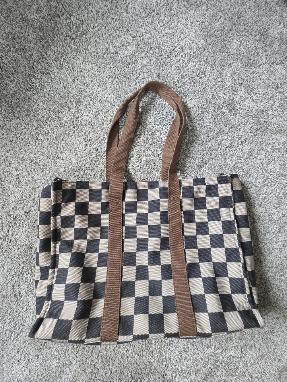 Checkerboard Canvas Tote Bag with Brown Straps